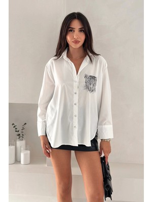 Aslan Desen Baskılı Taşlı Gömlek Gümüş