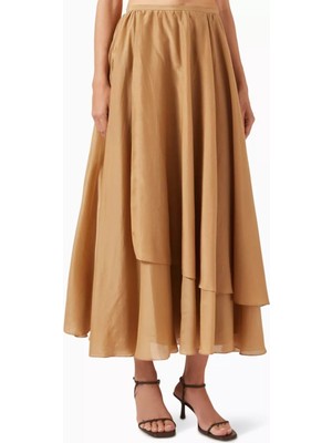 Cotton Silk Layered Maxi Skirt, Bej, Hafif ve Katmanlı Yazlık Etek