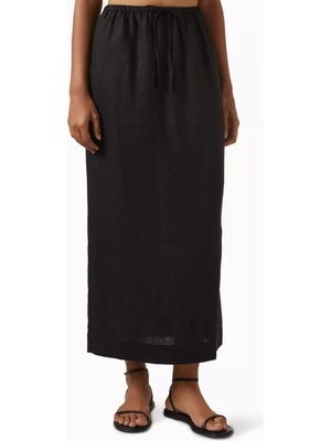 Lastikli Ip Bağlı Keten Midi Kadın Etek