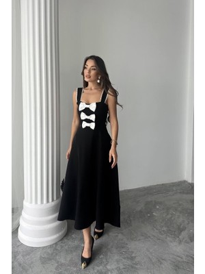 Palmira Siyah Fiyonk Garnili Dantelli Elbise