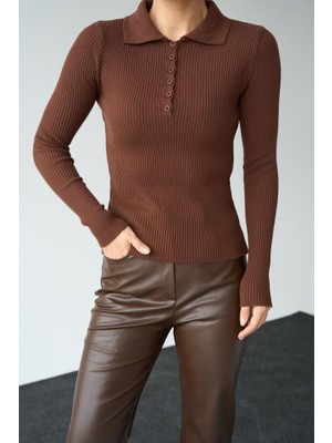 Polo Yaka 6 Düğmeli Kazak - Kahve