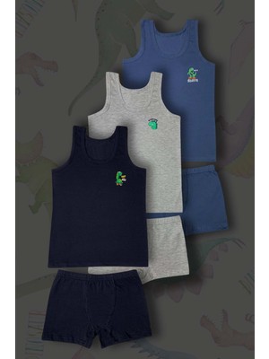 3'lü Erkek Çocuk Dinazor Baskılı Pamuklu Çamaşır Takımı