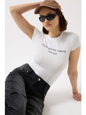 Baskılı Likralı Crop T-Shirt