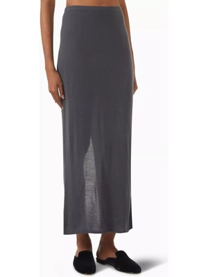 Merino Yün Maxi Etek, Düşük Bel, Esnek Bel Bandı ve Yırtmaçlı Tasarım, Koyu Gri