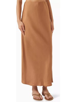 Ipek Maxi Etek Mat Mulberry Ipek, Yüksek Bel, A Form Açık Kahverengi