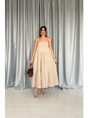 Taş Askılı Parçalı Müslin Elbise