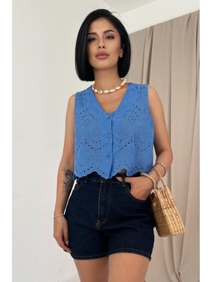 Mavi Sıfır Kol Brode Bluz