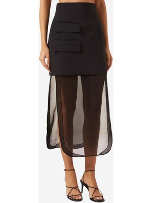 Organza Detaylı Virgin Wool Karışımlı Etek, Siyah