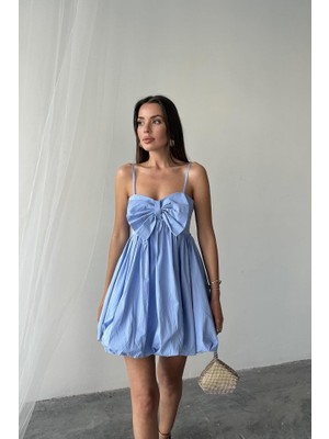 Mavi Önü Fiyonklu Askılı Elbise