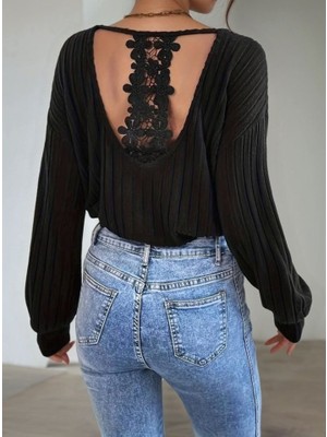 Kadın Uzun Kollu V Yakalı Pencere Sırt Dantel Detaylı Kalın Fitilli Kaşkorse Bluz