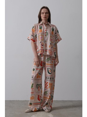 Baskılı Kısa Kol Pantolon Takım - Taş-Oranj