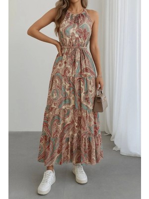 Kadın Halter Yakalı Omuzlardan Açık Kuşaklı Maksi Boy Desenli Süprem Elbise