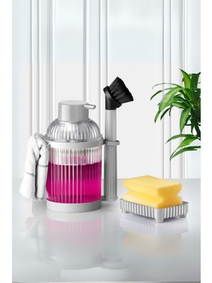 4 Parça Mutfak Banyo Temizlik Seti, Fırçalı Süngerlik ve Sıvı Sabunlukli Gri