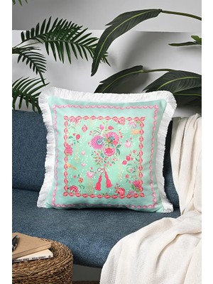 Love Bloom Kalpli Yeşil Renkli Çiçekli Saçaklı Kadife Kırlent Kılıfı - 43X43CM
