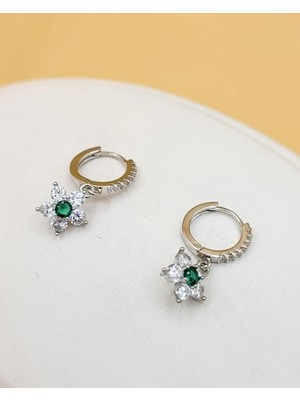 Silver Zirkon Taşlı Minimal Çiçek Yeşil Küpe