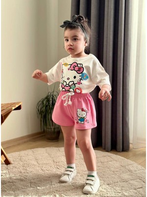 Kız Çocuk Baskılı Alt Üst T-Şhirt Şort Takım