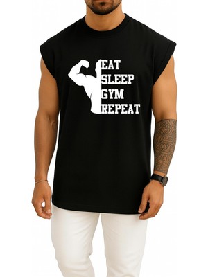Oversize Eat Sleep Gym Repeat Göğüs Tasarımlı Atlet