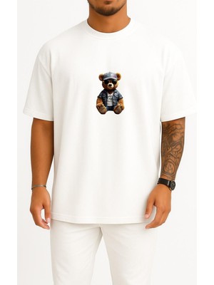 Oversize Oturan Cool Teddy Bear Göğüs Tasarımlı Unisex T-Shirt