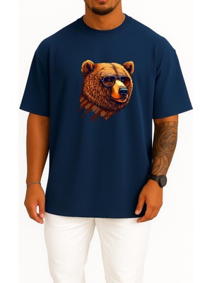 Oversize Gözlüklü Havalı Ayı Portresi Göğüs ve Sırt Tasarımlı Unisex T-Shirt