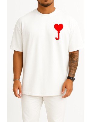 Oversize Kalp ve J Harfi Cep Tasarımlı Unisex T-Shirt