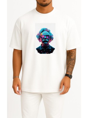 Oversize Albert Einstein Kütle-Enerji Eşdeğerliği Göğüs Tasarımlı Unisex T-Shirt