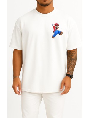 Oversize Süper Mario Cep Tasarımlı Unisex T-Shirt