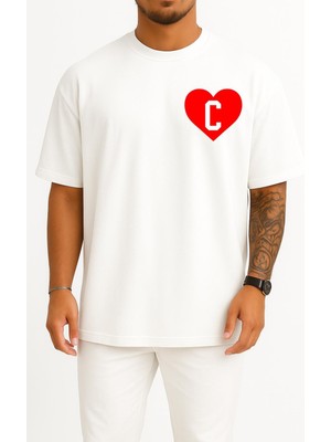 Oversize Kalp Içinde C Harfi Cep Tasarımlı Unisex T-Shirt