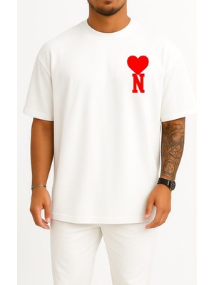 Oversize Kalp ve N Harfi Cep Tasarımlı Unisex T-Shirt