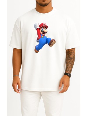 Oversize Süper Mario Göğüs Tasarımlı Unisex T-Shirt