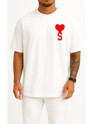 Oversize Kalp ve S Harfi Cep Tasarımlı Unisex T-Shirt