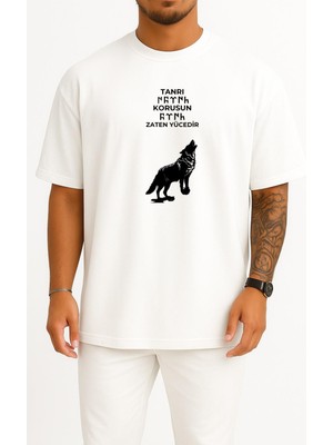 Oversize Göktürk Tanrı Türkü Korusun Göğüs Tasarımlı Unisex T-Shirt