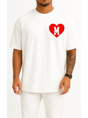 Oversize Kalp Içinde M Harfi Cep Tasarımlı Unisex T-Shirt