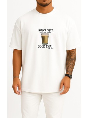 Oversize Flört Edemem Ama Senin Için Güzel Çay Yapabilirim Göğüs Tasarımlı Unisex T-Shirt