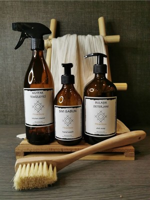 Mutfak Temizlik Seti, 3'lü Amber Cam Şişe ve Fırça, 5'li Paket