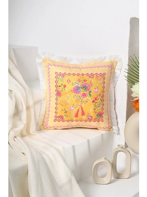 Love Bloom Kalpli Sarı Renkli Çiçekli Saçaklı Kadife Kırlent Kılıfı - 43X43CM