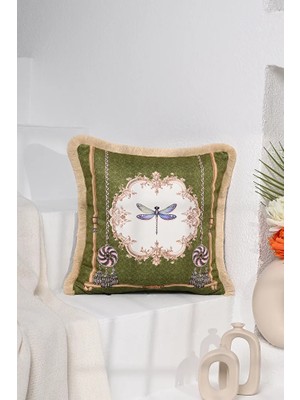 Yusufçuk ve Püskül Tasarımlı Saçaklı Kadife Kırlent Kılıfı - 43X43CM