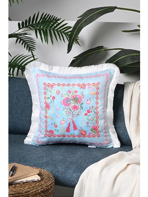 Love Bloom Kalpli Mavi Renkli Çiçekli Saçaklı Kadife Kırlent Kılıfı - 43X43CM