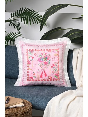 Love Bloom Kalpli Pembe Renkli Çiçekli Saçaklı Kadife Kırlent Kılıfı - 43X43CM
