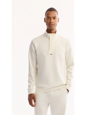AVVA Erkek Ekru Dik Yaka Fermuarlı Pamuklu Bi-Stretch Regular Fit Sweatshirt A52Y1282