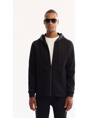 AVVA Erkek Siyah Kapüşonlu Yaka Fermuarlı Kolay Ütülenen Bi-Stretch Regular Fit Sweatshirt A52Y1270