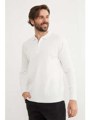 Fitilli Yarım Fermuarlı Polo Yaka Triko Kazak