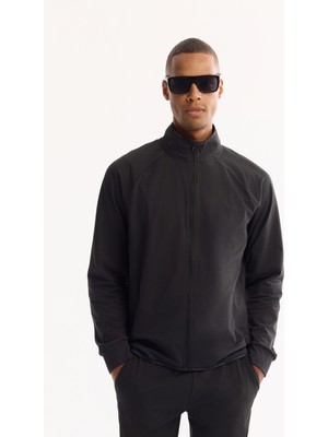 AVVA Erkek Siyah Dik Yaka Fermuarlık Şardonlu Bi-Stretch Regular Fit Sweatshirt A52Y1203