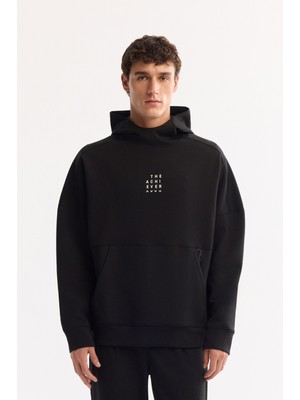 Avva Erkek Siyah Bisiklet Yaka Pamuklu Bi-Stretch Baskılı Oversize Fit Sweatshirt A52Y1312