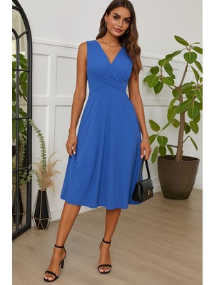 Sosostyle Kadın Askılı V Yakalı Önde Çapraz Detaylı Janjan Krep Elbise