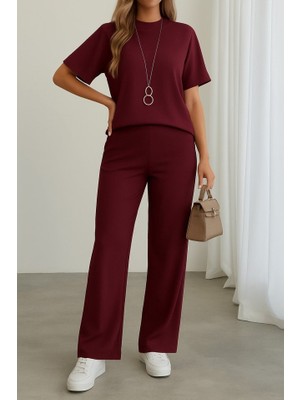 Melenza Kadın Kısa Kollu Bisiklet Yaka Omuzdan Düğmeli Viskon Iki Iplik Kısa Bluz ve Pantolon Ikili Takım