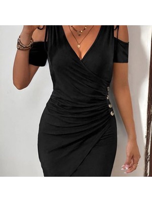 Kadın Omuzlardan Açık V Yakalı Kısa Kollu Yanlardan Büzgülü Düğme Detaylı Janjan Krep Elbise