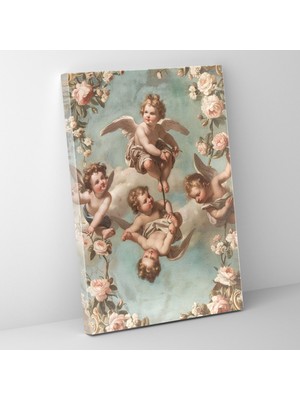 Popcas Melek Çiçekli Duvar Sanatı - Raffaello Sanzio Kanvas Tablo Zarif Renkler