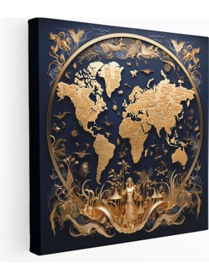 Popcas Deniz Mavisi Dünya Haritası Kanvas Tablo - Deniz Mavisi Dünya Haritası Altın Vurguları