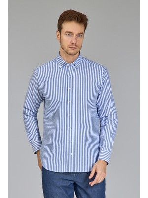 Bisse  Regular Fit Paşa Yaka Çizgili Mavi Erkek Gömlek GMCZG3PS22400002_C35