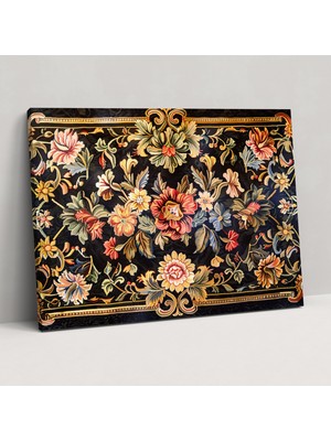 Popcas Çiçek Desenli Klasik Kanvas Tablo - Klasik Desen Kanvas Tablo Süslü Kenarlar